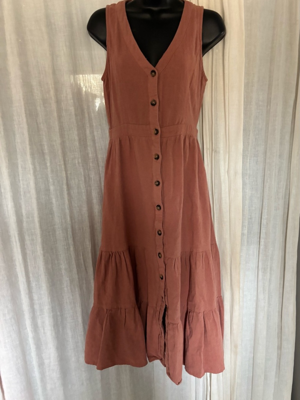 Lost + Wander coral Midi Dress Button Front Tiered Sleeveless Boho Sz XS